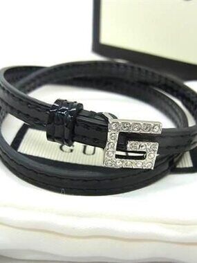 Gucci Bracelet Logo Black Patent Leather Rhinestone 2 Row Silver
